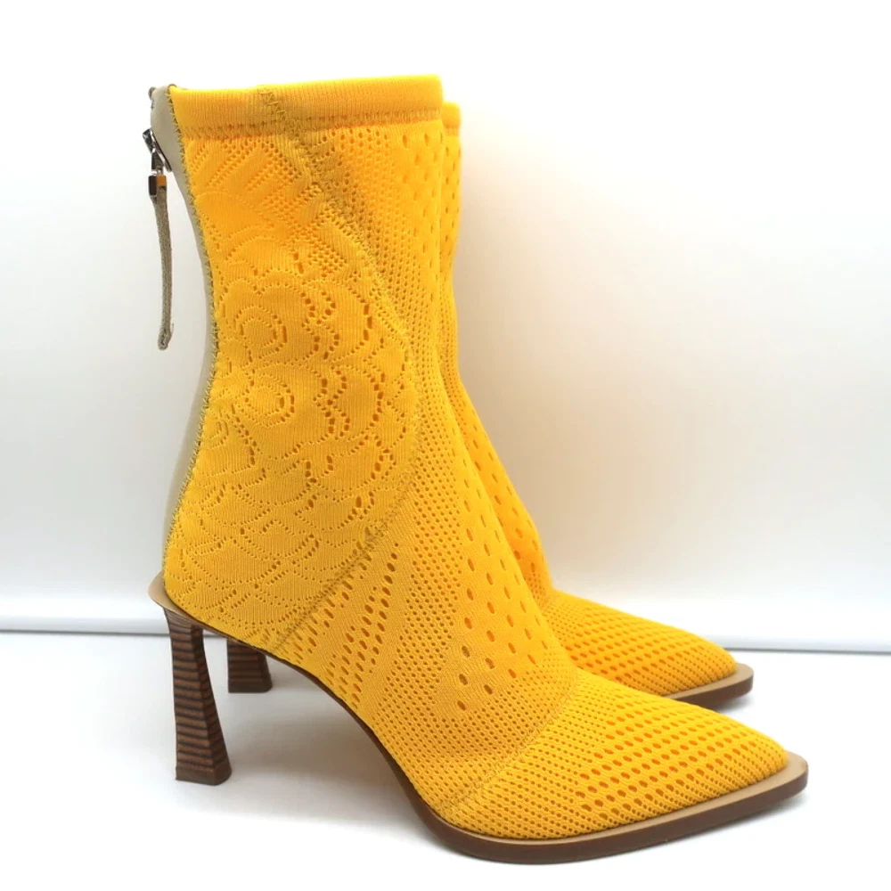 Fendi FFrame Jacquard Mesh Knit Ankle Boots Yellow Size 36 Pointed