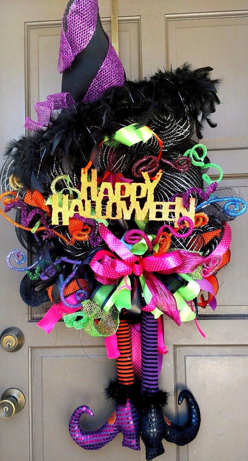 Halloween Witch Front Door Wreath XL 36" Handmade Black Deco Mesh Decoration