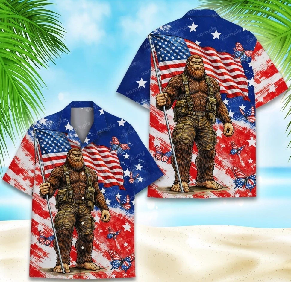 Bigfoot Hawaiian Shirt Men Women Youth, Patriotic Sasquatch Aloha Shirt