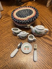 Miniature Porcelain Tea Set Strawberry Design with Woven Basket