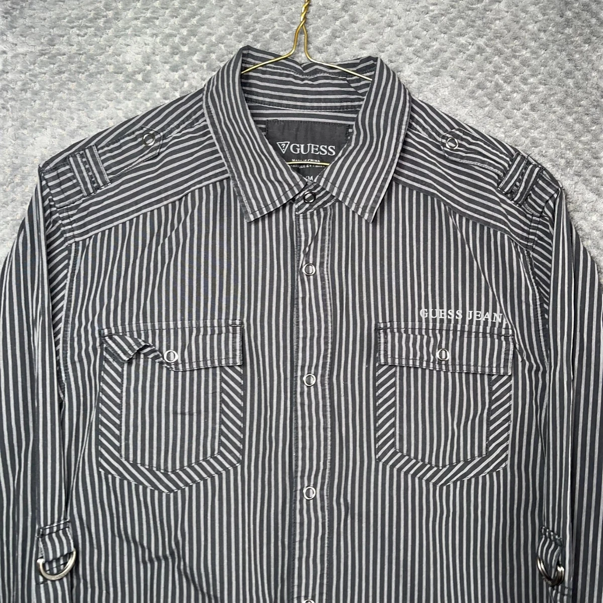 Camisa Guess Para Hombre Mediana Negra Rayas A Presión Abotonada Manga Larga Cuello Hebilla