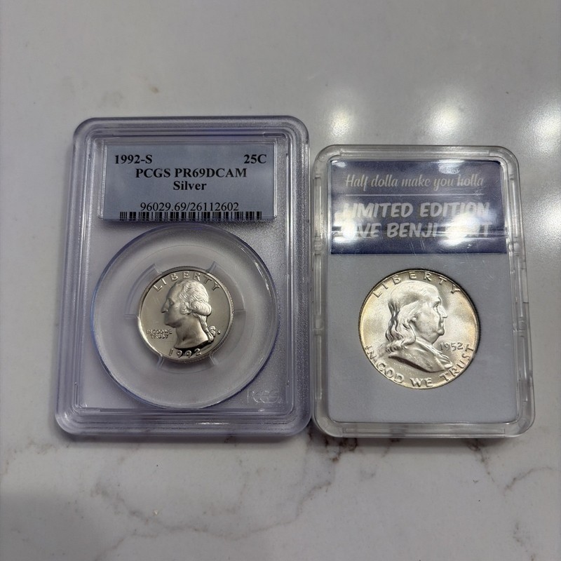 Lots Of 2 Coins, 1992-S Silver PR69DCAM Quarter & 1952 Franklin Half Dollar 90%