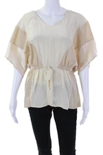 Ella Moss Womens Silk Short Sleeve Colorblock Cinched Waist Blouse Beige Size S