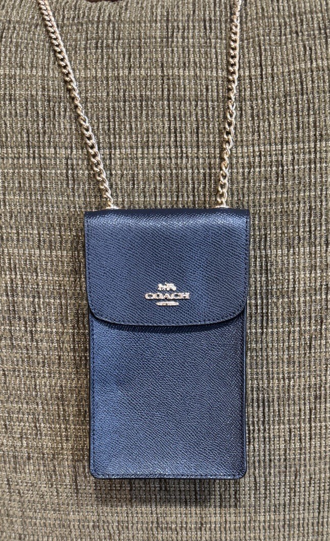 NWOT Coach Cellphone Crossbody  Blue Pebbled Leather w/ Gold Chain 4 Slots