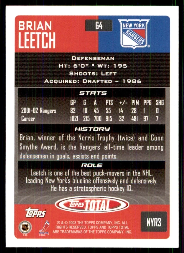 2002-03 Topps Total Brian Leetch New York Rangers #64 - Image 2 of 2