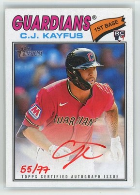 C.J. Kayfus 2026 Topps Heritage Rookie Auto Red Ink #/77 #ROA-CJK Guardians CJ