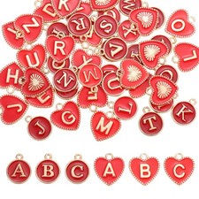 52 Pcs Letter Initial Charm A-Z Heart Round Letter Charm Red
