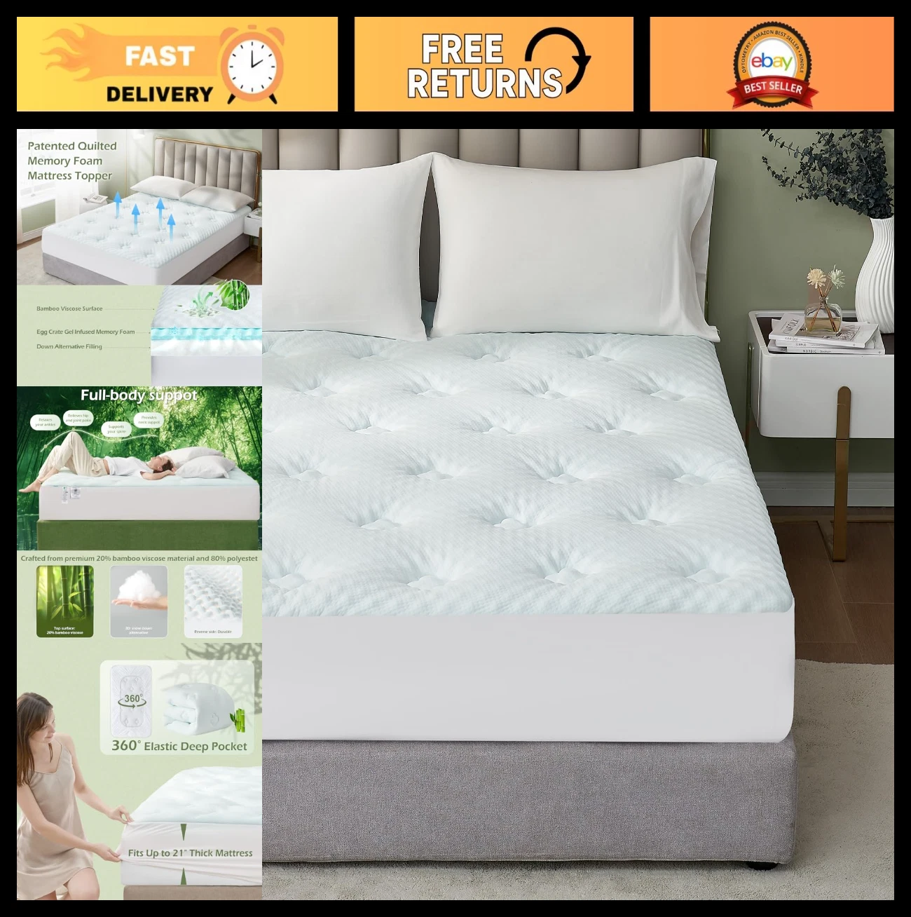 Full Size Memory Foam Mattress Topper - Bamboo Viscose, Back Pain Relief, 78x80