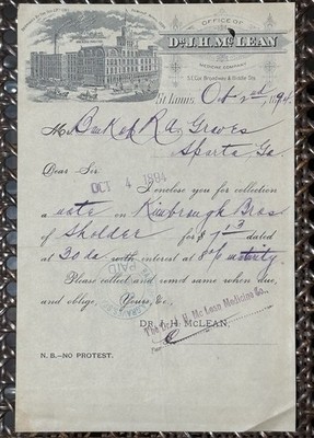 1894 Dr JH McLean Medicine Co Letterhead St Louis Patent Medicine Invoice Paid