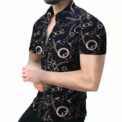 ⭐Camisa Botones Hombres Moda Anillo Cadena Oro Negro Camiseta