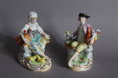 Potschappel Dresden 2 Figuren Bauernmädchen und Bauerjunge m. Federvieh & Blumen