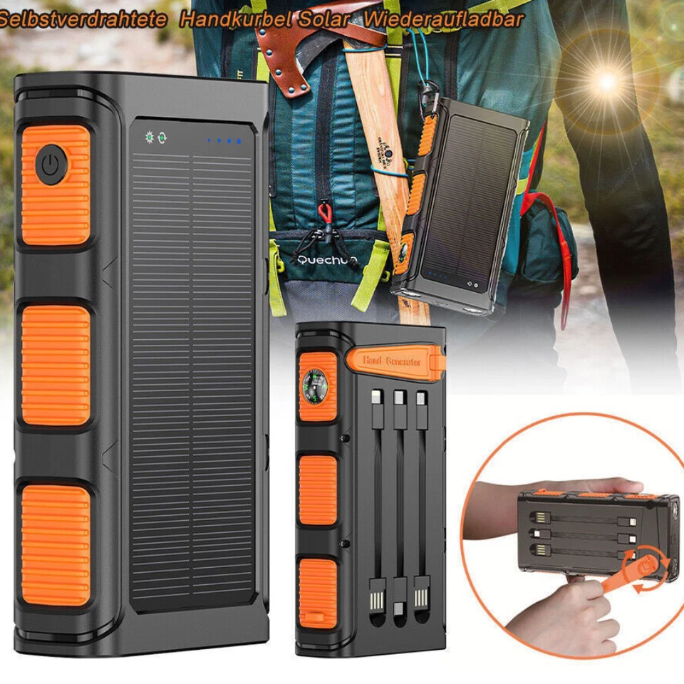 10000mAh Hand Crank PD20W Solar Power Bank Charger Built in Cables Fast Charging - Image 3 of 4