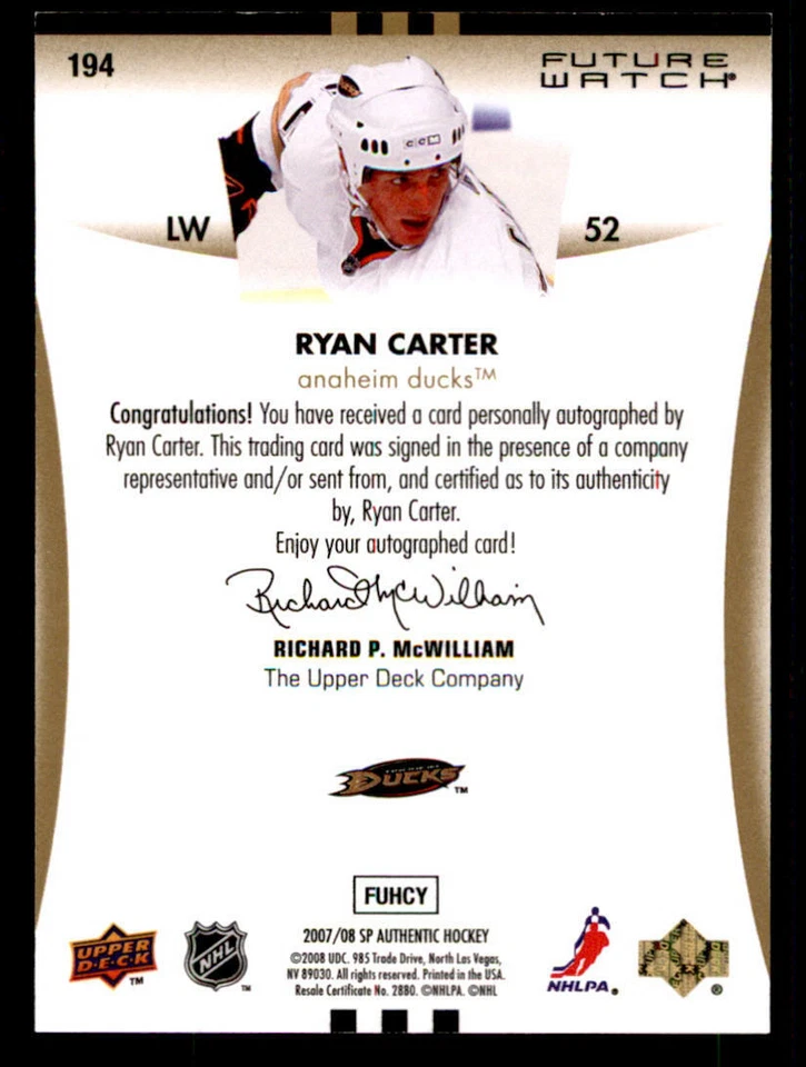 2007-08 SP Authentic #194 Ryan Carter AU RC /999 (ref 239983) - Image 2 of 2