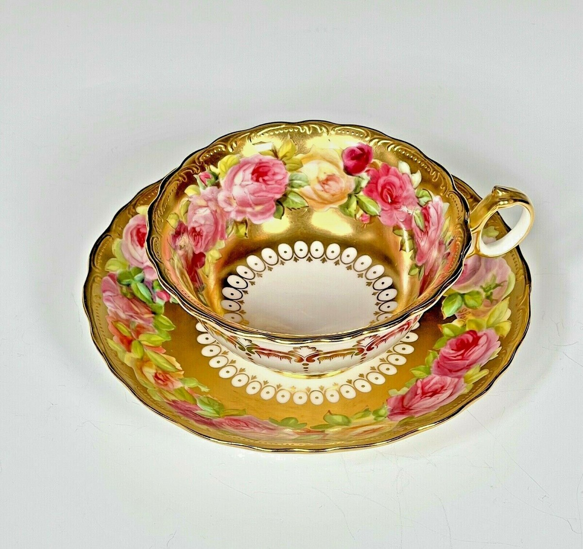 Cauldon Hand Painted Signed S. Pope Cup & Saucer Roses Gilt