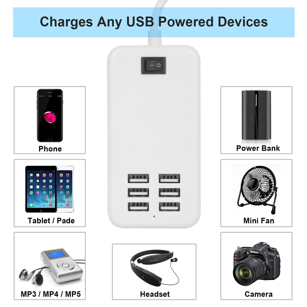 6-Port USB Fast Charging Hub with AC Adapter for Desktop or Wall