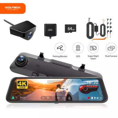 WOLFBOX Super Capacity 4K 12'' Mirror Dash Cam front and rear Dash Camera & GPS