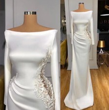 Mermaid Beading Wedding Dress Boat Neck Long Sleeves Soft Satin Applique