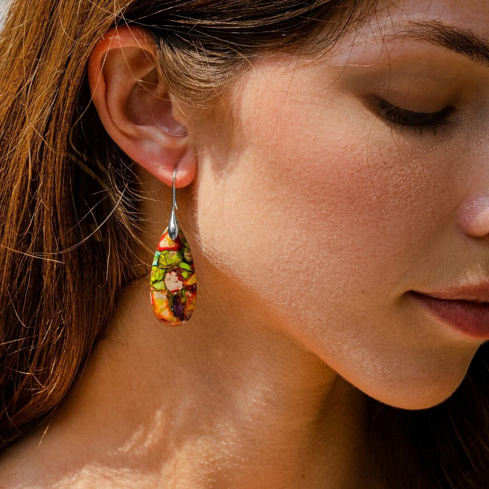 Galaxy Sea Sediment Jasper Stone Teardrop Dangle Earrings Multicolor Gemstone - Image 3 of 3