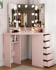 Corner Makeup Vanity Desk with Mirror & Lights 44'' Bedroom Vanity Table Shelf✨