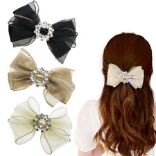 Large Bow Hair Clip 3 Pack 5.5 Inch Rhinestone Bowknot Mesh Barrette Women