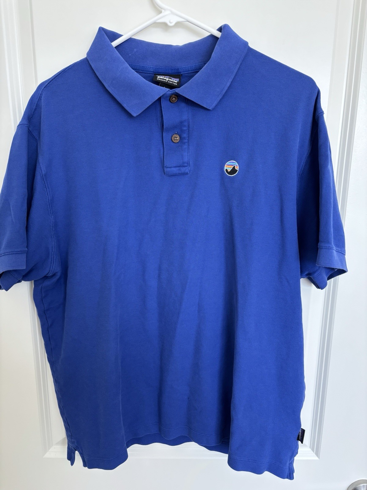 Patagonia Mens Short Sleeve Organic Cotton Blue Polo Fitz Roy Size Large EUC