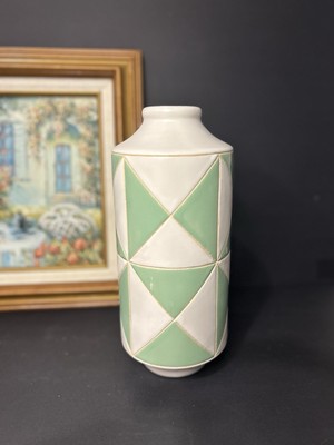 The Studio Porcelain Bottle Vase Geo Pattern Green And White 11 x5 