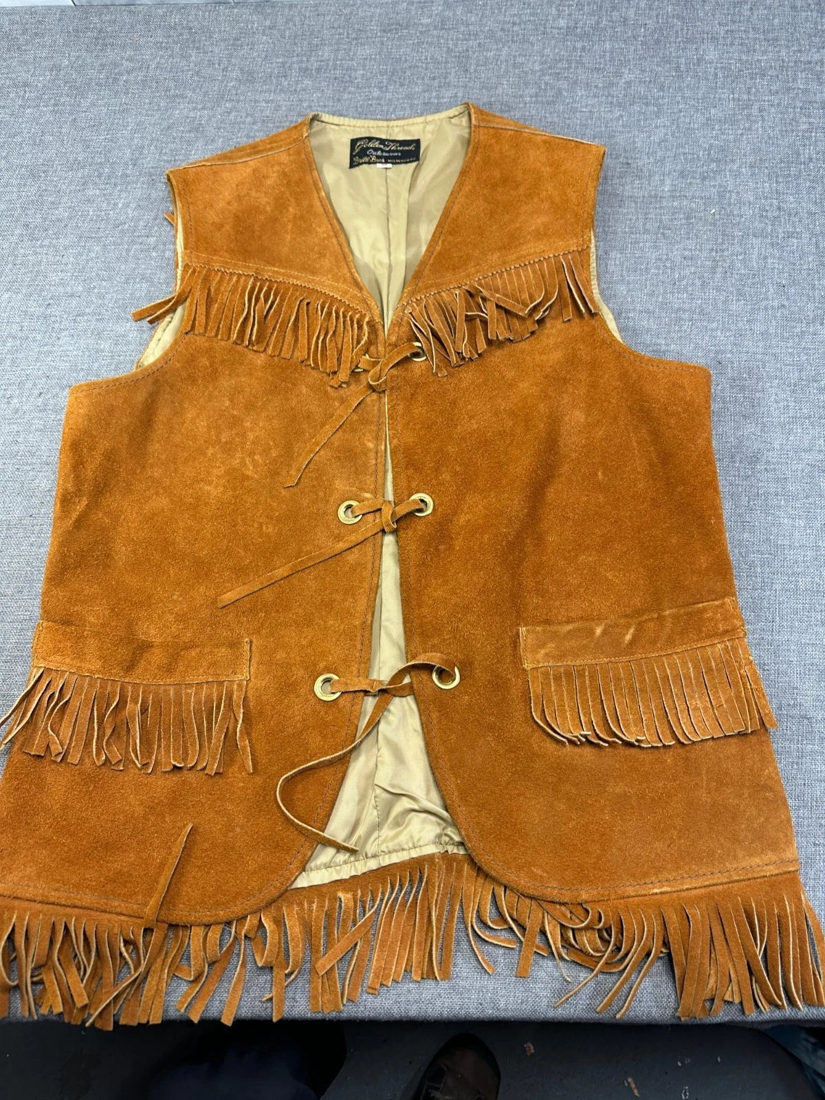VTG BRILL BROS GOLDEN THREAD SZ 38 Medium Mens Suede Fringe Western Vest Hippie