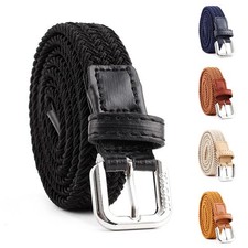 Children's Braided Elastic Belt with Webbing Design and Faux Leather Trim