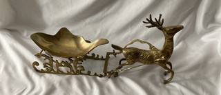 Solid Brass Metal Reindeer With Sleigh Christmas Decor. 5 Pieces. Heavy.