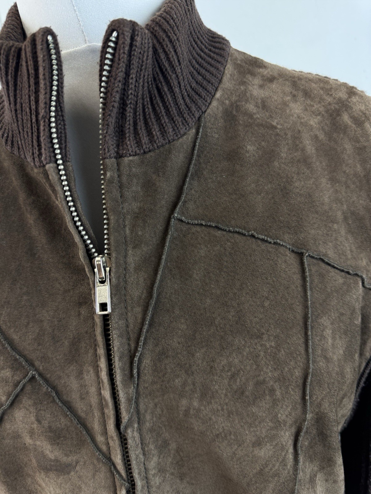 Brown Suede Patchwork Knit Zip Up Jacket Boho Gru… - image 4