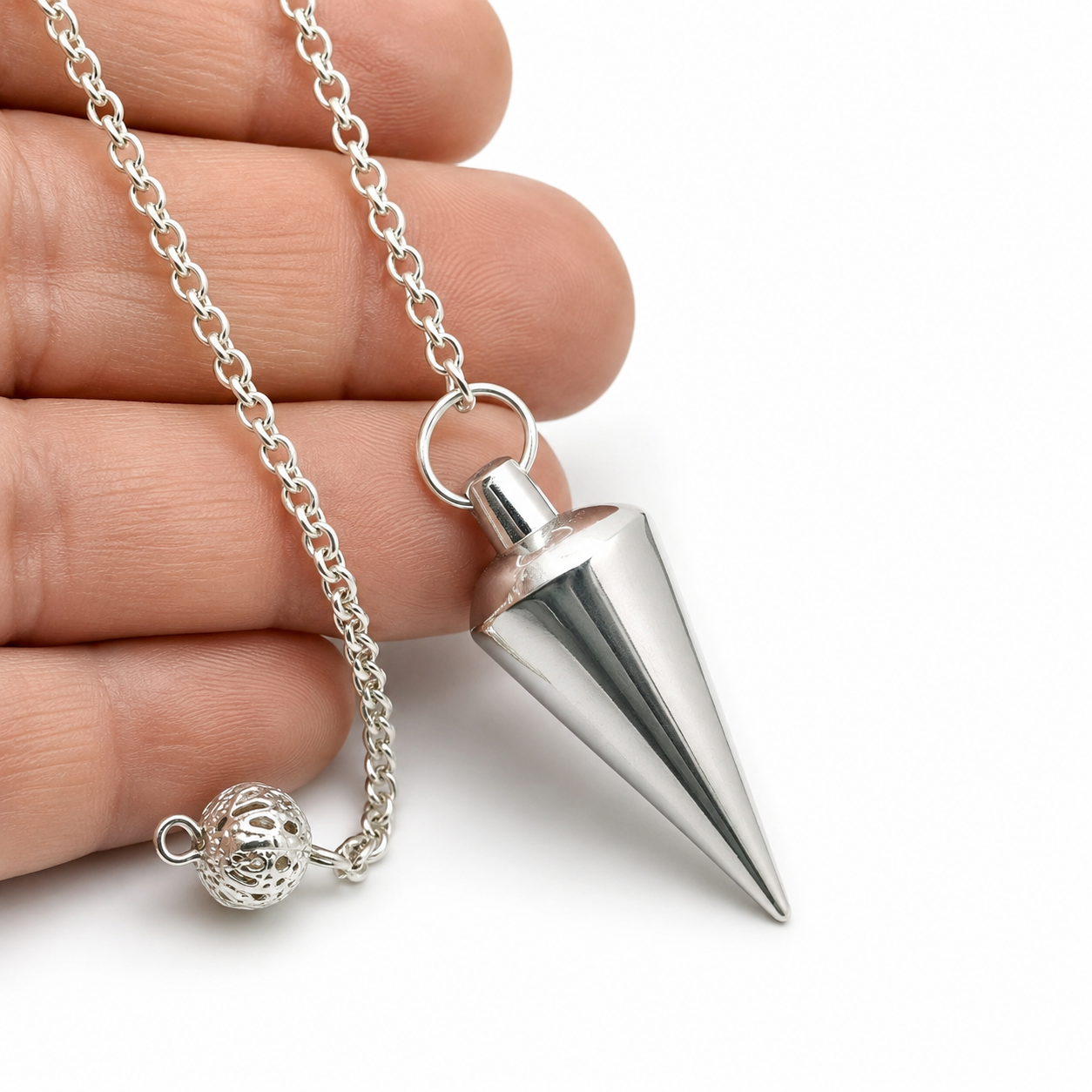Silver Pendulum Dowsing Tool Teardrop Divination Cone Chain Spiritual With Bag