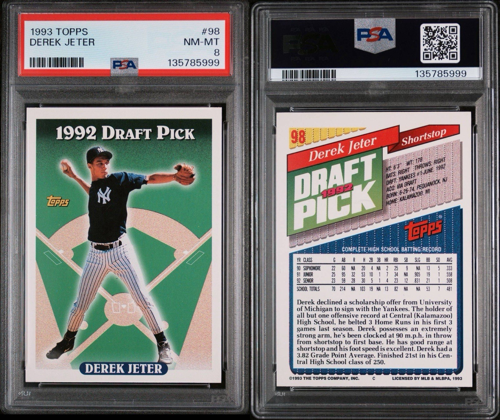 1993 Topps #98 Derek Jeter PSA 8 New York Yankees RC view 3