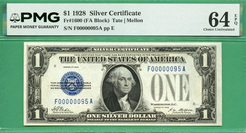 LOW 2 DIGIT & 3 of 3 CONSECUTIVE - F 00000095 A - 1928 $1 SC - PMG CU 64 EPQ