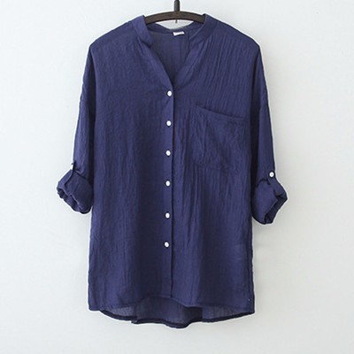 Ladies Sheer Thin Linen Shirt Top Roll Up Sleeve Button Casual Blouse Vintage