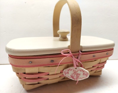 Longaberger Am. Cancer Soc. White Washed Basket w/Tie on HOPE, Wooden Lid 2000