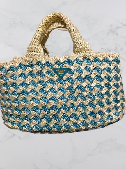 PRADA Tote Bag Raffia Crocket Blue Japan Used