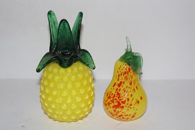 Vintage Hand Blown Glass Pineapple Paperweight & Pear Art Glass Fruit