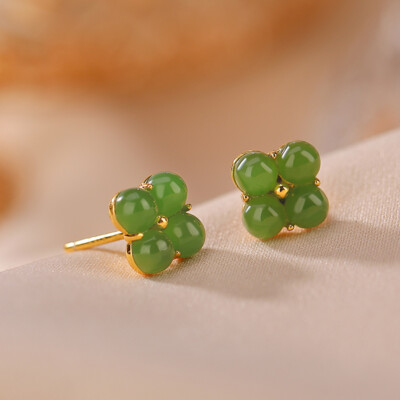 Gold Over 925 Sterling Silver With Natural Green Jade Flower Stud Earrings 8mm