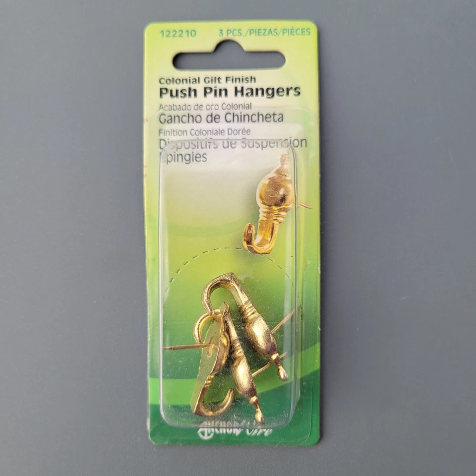 Hillman Colonial Acabado Dorado Push Pin Colgadores Anclaje Alambre 122210 Lote de 3 Foto 3 de 4