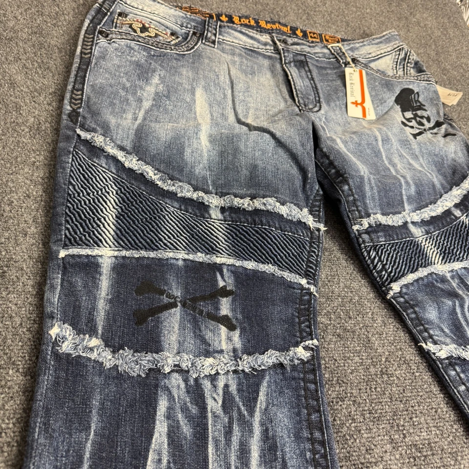 Rock Revival Jeans Montell Biker Skull Mens Size 44X32 Embroidered Blue Denim - Image 3 of 4