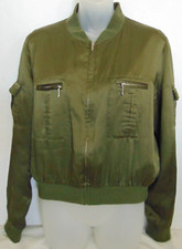 Clio Olive Green Satin 100% Silk Bomber Jacket M