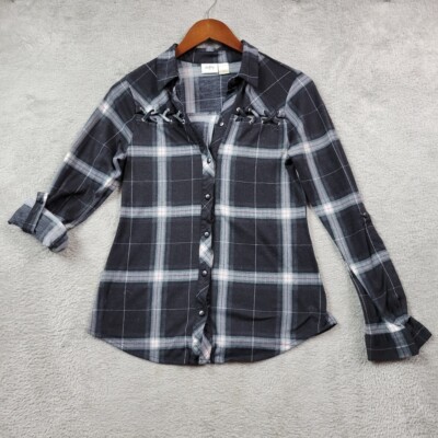Daytrip Shirt Womens Small Black Plaid Button Up Roll Tab