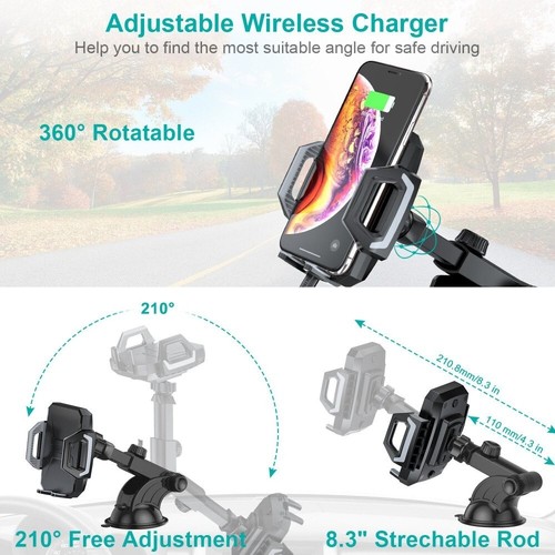 Car Dock 10W Fast Wireless Charger Windshield Dashboard Car Mount - Black T521 - Picture 4 of 6