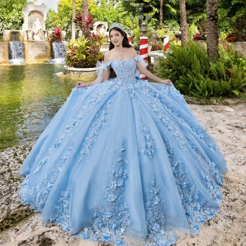 Quinceanera Dress Elegant Sweetheart Off-the-shoulder Appliques Ball Gown Sky Blue / 4 Quinceanera Dress Elegant Sweetheart Off-the-shoulder Appliques Ball Gown Sky Blue / 4