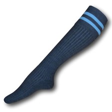 Knee Length Dark Grey Turnover Top School Socks With Sky Blue Trim Bands