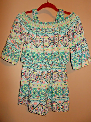 My Michell Girls Size L Multi Color Geometric Blue Romper Elastic Neckline