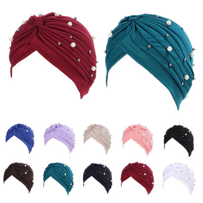 Turban Pleated Beads Hijab Bonnet Hat Women Muslim Hair Loss Chemo Cap Head Wrap
