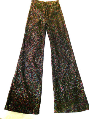 TRUE Vtg 70s GLITTER GLAM ROCK Black & Rainbow Color LUREX Flare Bell Pants XXS