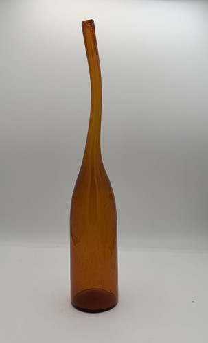 Amber Bent Curvy Neck Bubbles Art Glass Bottle Vase 16"