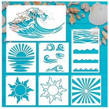 Beach Wave Stencils for Painting on Wood Reusable Canvas Nautical Sunrays Ste...